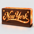 New York Script 3D Salt Brick Lamp with Wooden Base – 8 × 4 × 2 Inches