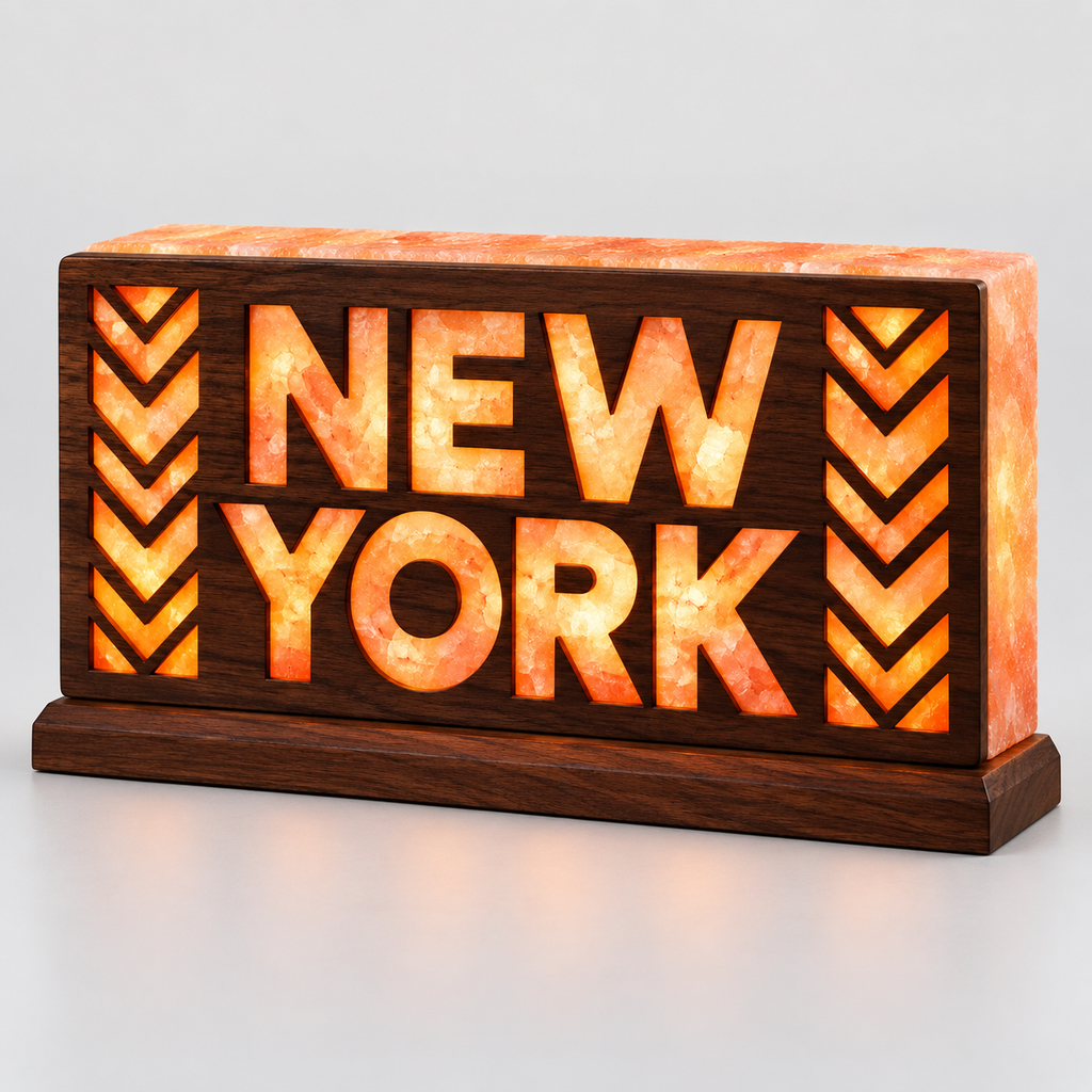New York Chevron 3D Salt Brick Lamp with Wooden Base – 8 × 4 × 2 Inches
