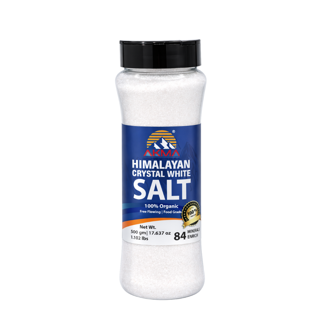 AKMA HIMALAYAN CRYSTAL WHITE SALT FINE | SHAKER BOTTLE 500 g | 17.63 oz | 1.10 lbs