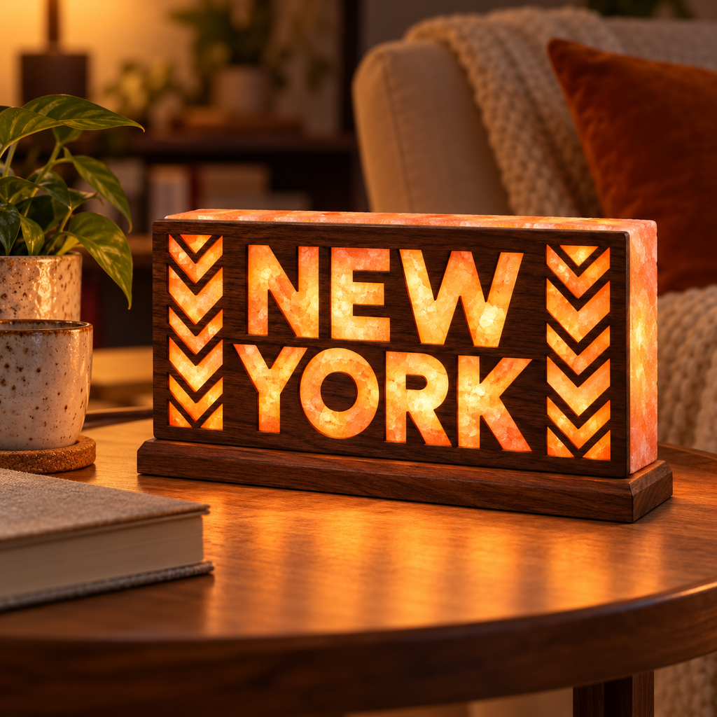 New York Chevron 3D Salt Brick Lamp with Wooden Base – 8 × 4 × 2 Inches