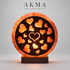 Glowing Hearts Round Salt Lamp with Wooden Base