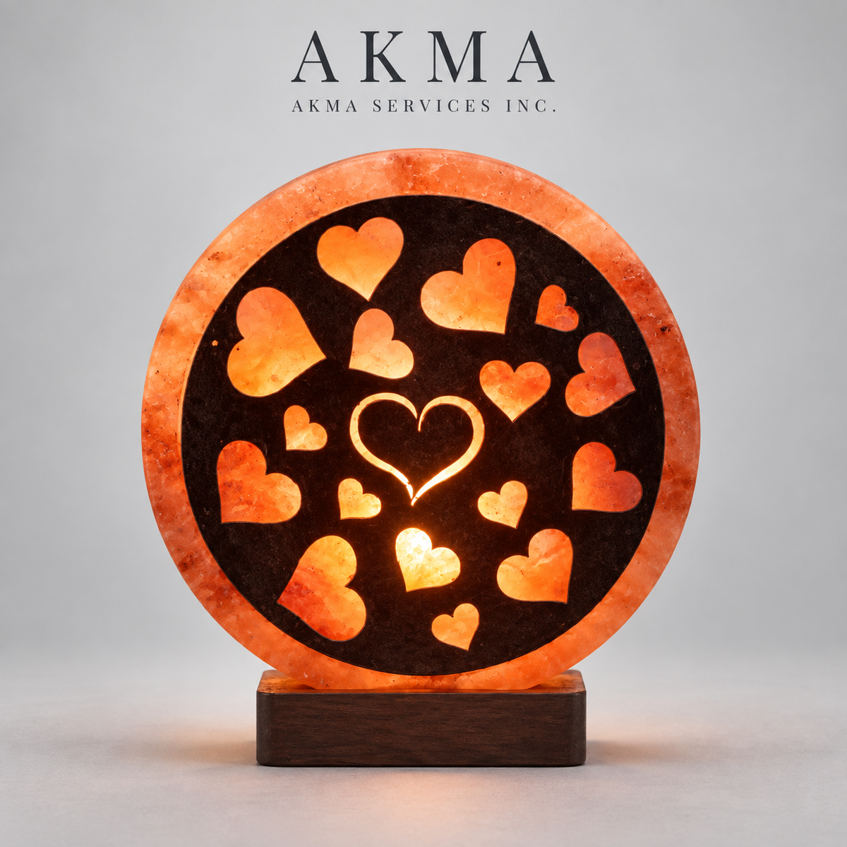 Glowing Hearts Round Salt Lamp with Wooden Base