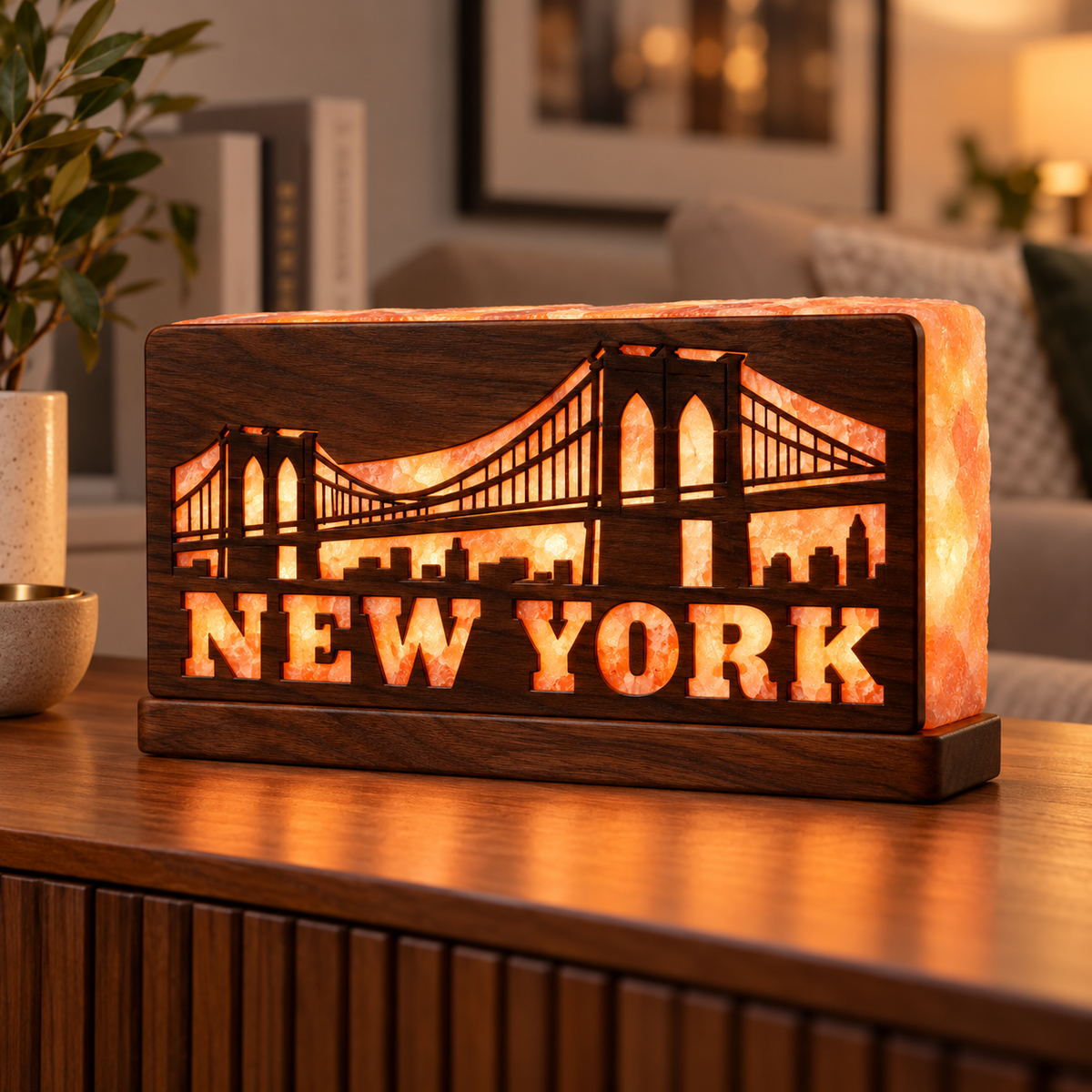 New York Brooklyn Bridge 3D Salt Brick Lamp with Wooden Base – 8 × 4 × 2 Inches
