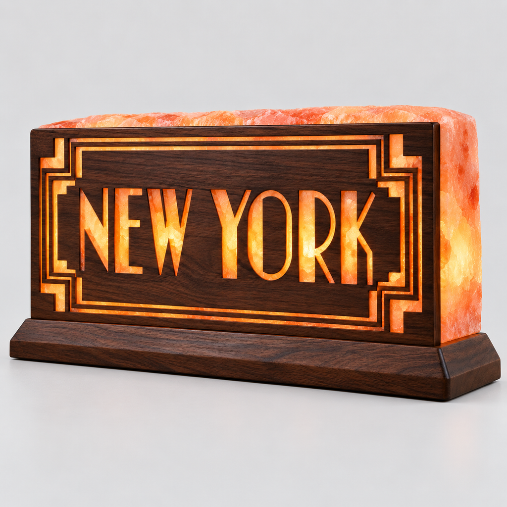 New York Art Deco 3D Salt Brick Lamp with Wooden Base – 8 × 4 × 2 Inches
