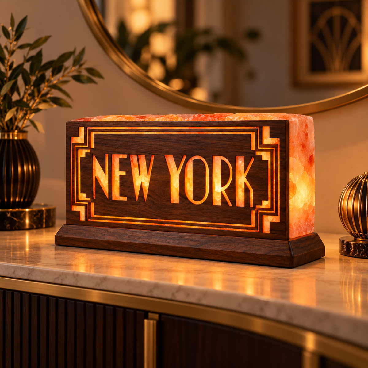 New York Art Deco 3D Salt Brick Lamp with Wooden Base – 8 × 4 × 2 Inches