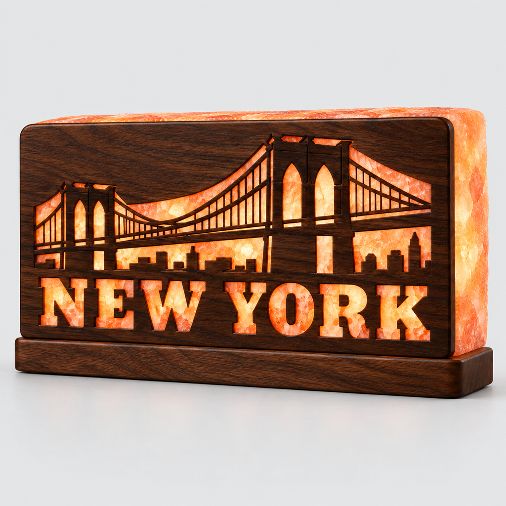 New York Brooklyn Bridge 3D Salt Brick Lamp with Wooden Base – 8 × 4 × 2 Inches