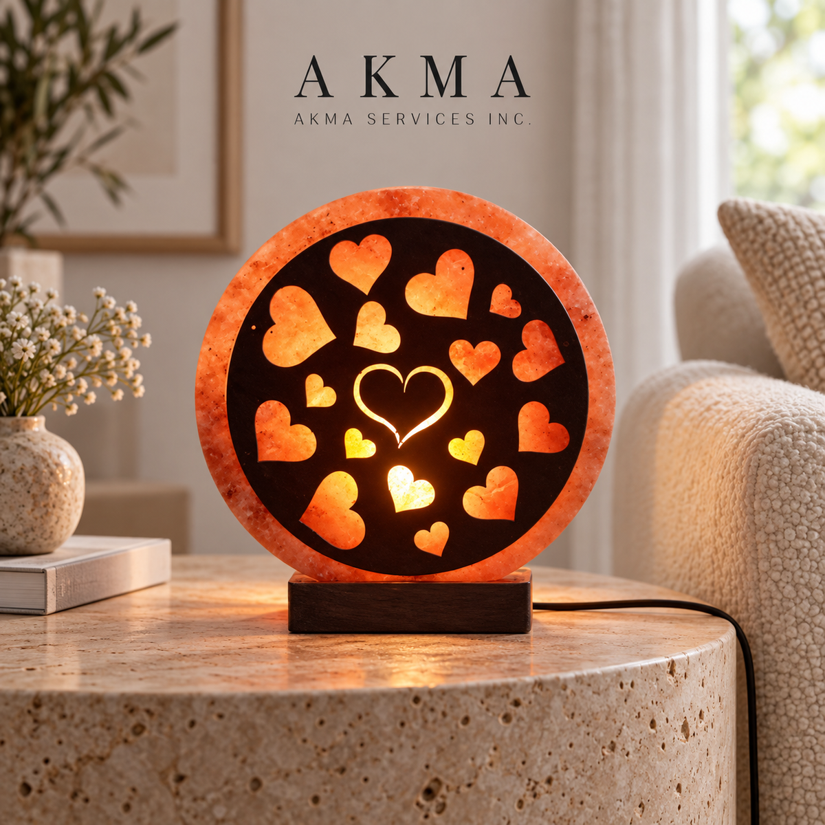Glowing Hearts Round Salt Lamp with Wooden Base