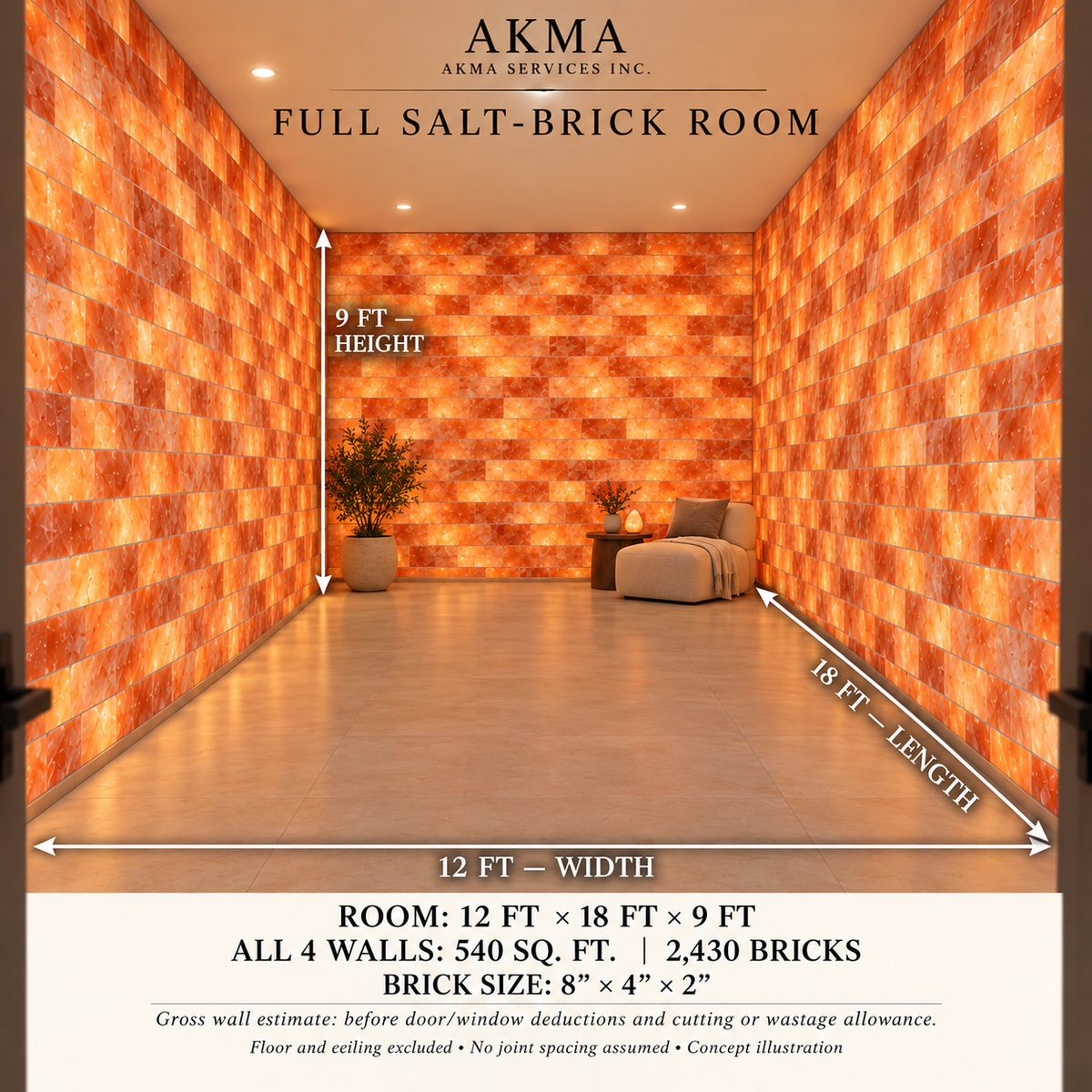 Himalayan Pink Salt Room Design – 12 × 18 ft | Full-Wall Relaxation Lounge