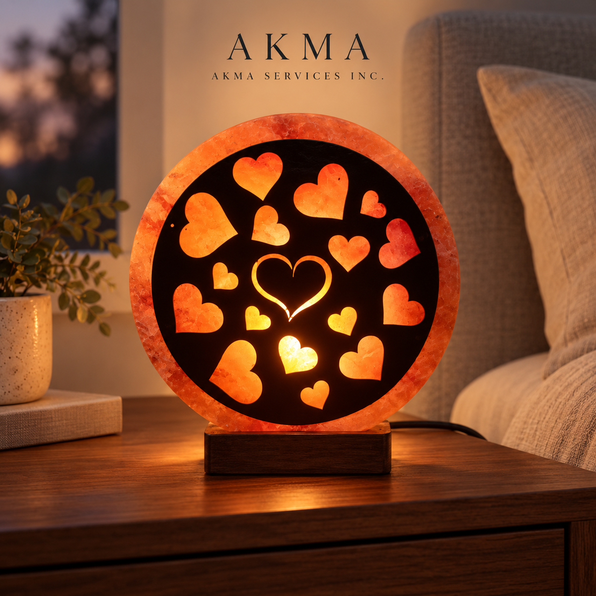 Glowing Hearts Round Salt Lamp with Wooden Base