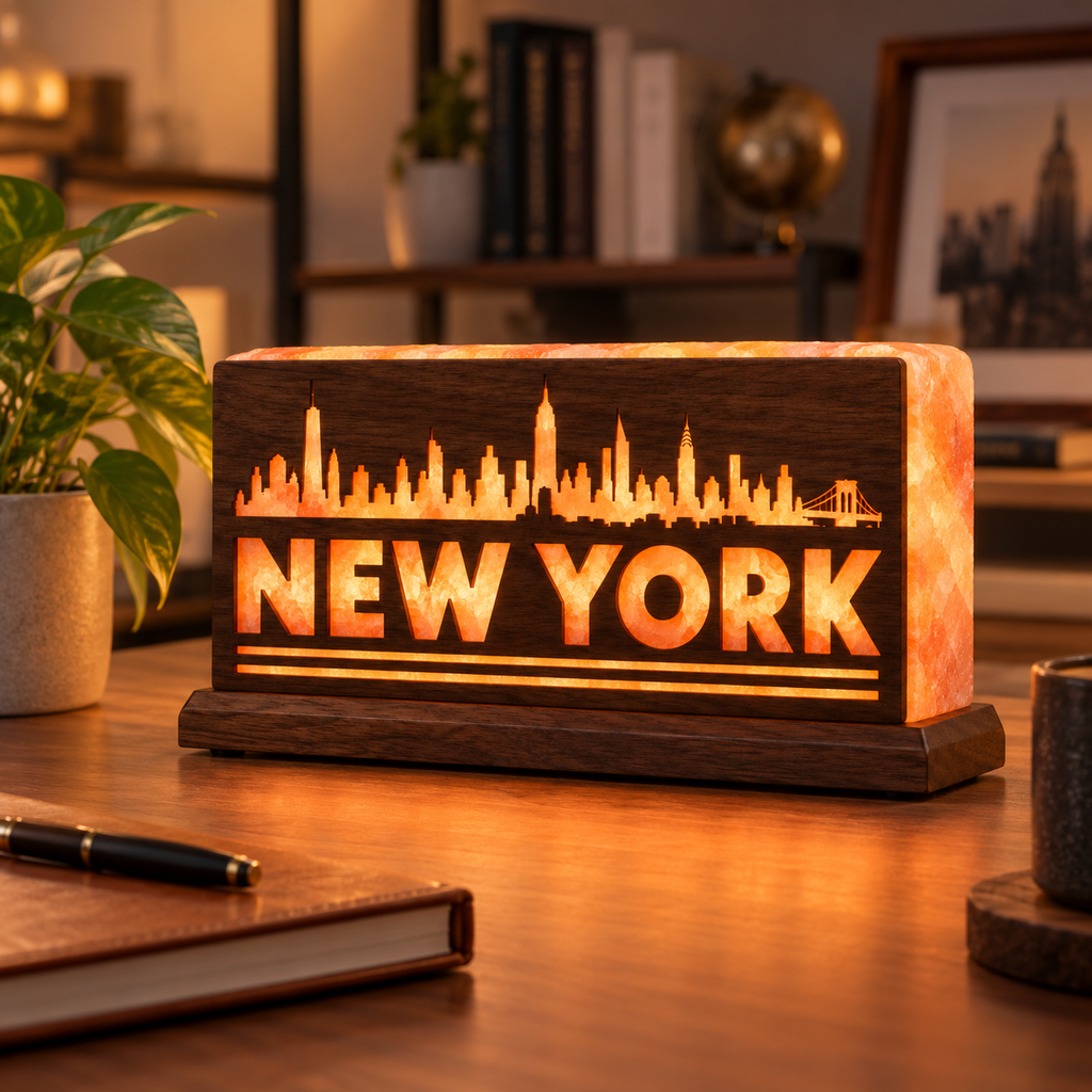 New York Skyline 3D Salt Brick Lamp with Wooden Base – 8 × 4 × 2 Inches