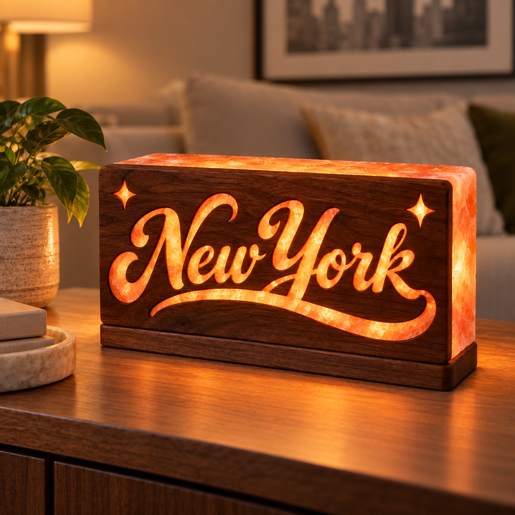 New York Script 3D Salt Brick Lamp with Wooden Base – 8 × 4 × 2 Inches